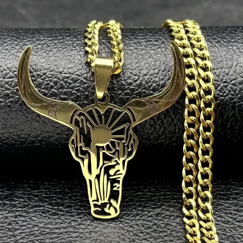 Cow Skull Animal Cowboy Stainless Steel Necklace, Bull Head Pendant