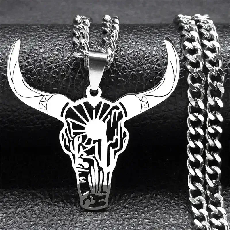 Cow Skull Animal Cowboy Stainless Steel Necklace, Bull Head Pendant