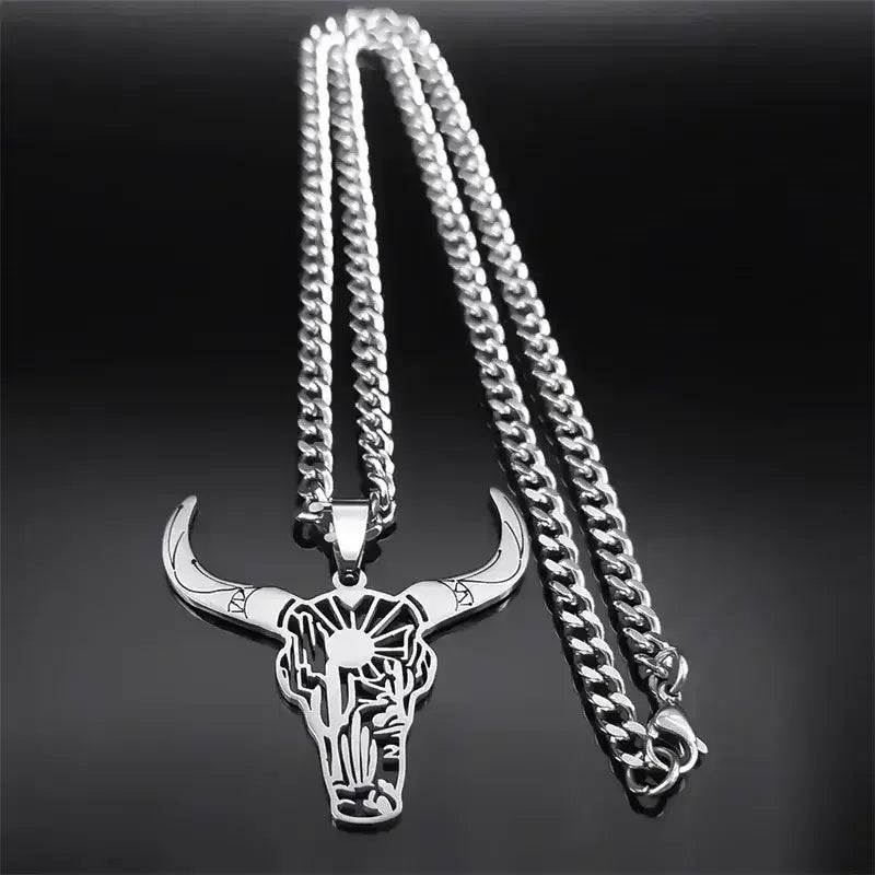 Cow Skull Animal Cowboy Stainless Steel Necklace, Bull Head Pendant