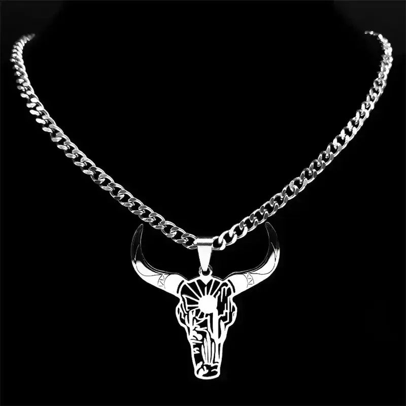 Cow Skull Animal Cowboy Stainless Steel Necklace, Bull Head Pendant