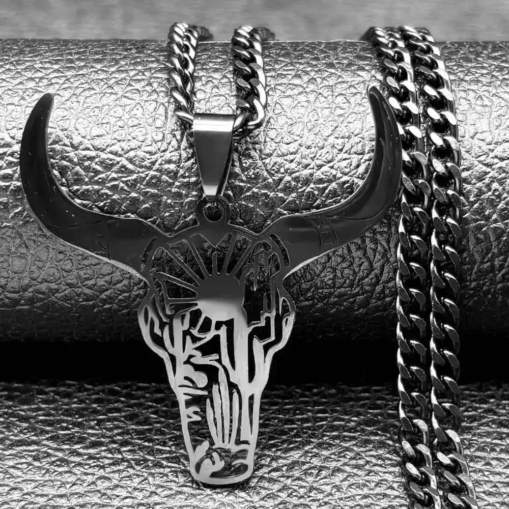 Cow Skull Animal Cowboy Stainless Steel Necklace, Bull Head Pendant