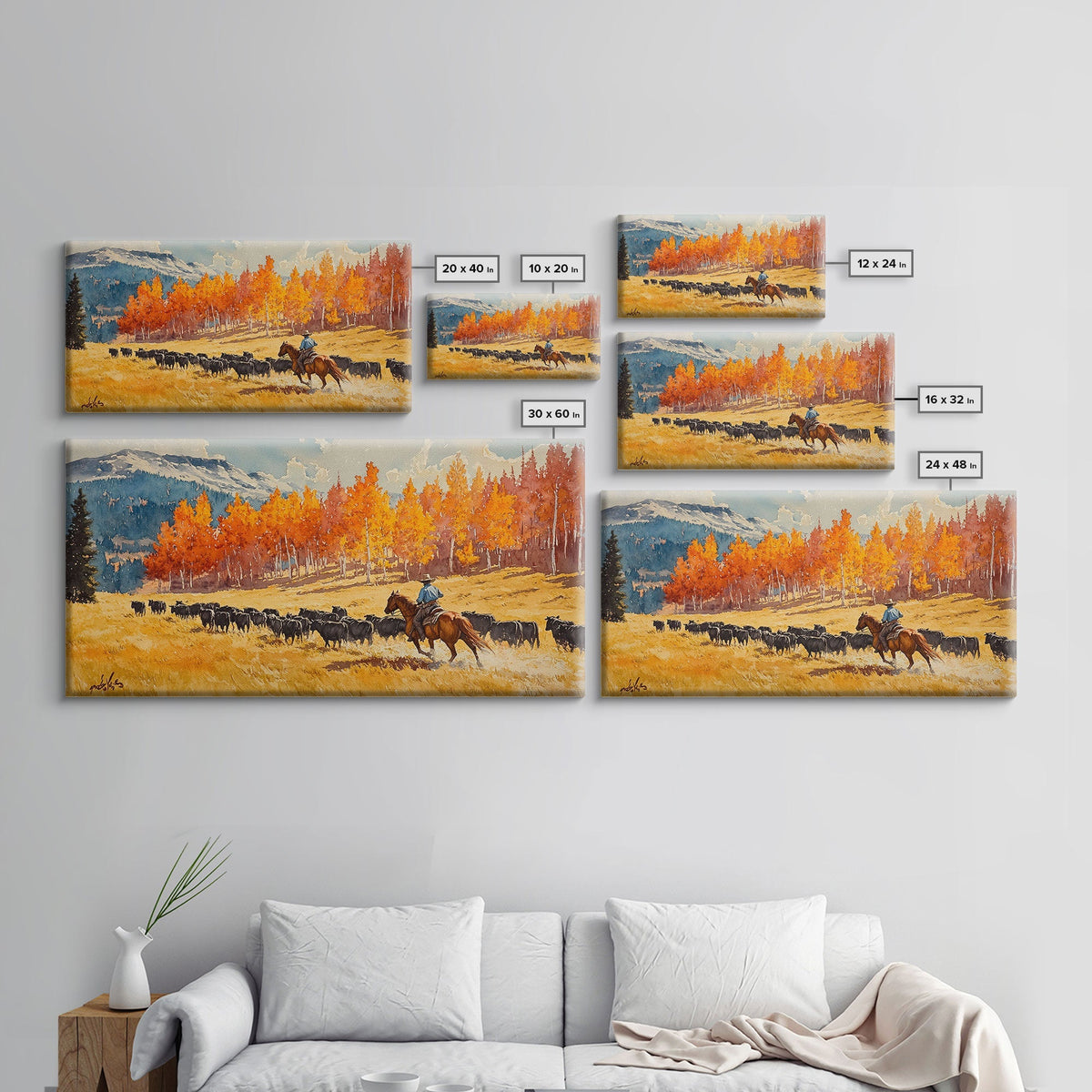 Cowboy Herding Cattle Under Mountains Framed Canvas Print Tall Art Autumn Country Landscape Fall Decor Western Wall Art Farmhouse Gift Idea - Quarter Circle AK Boutique
