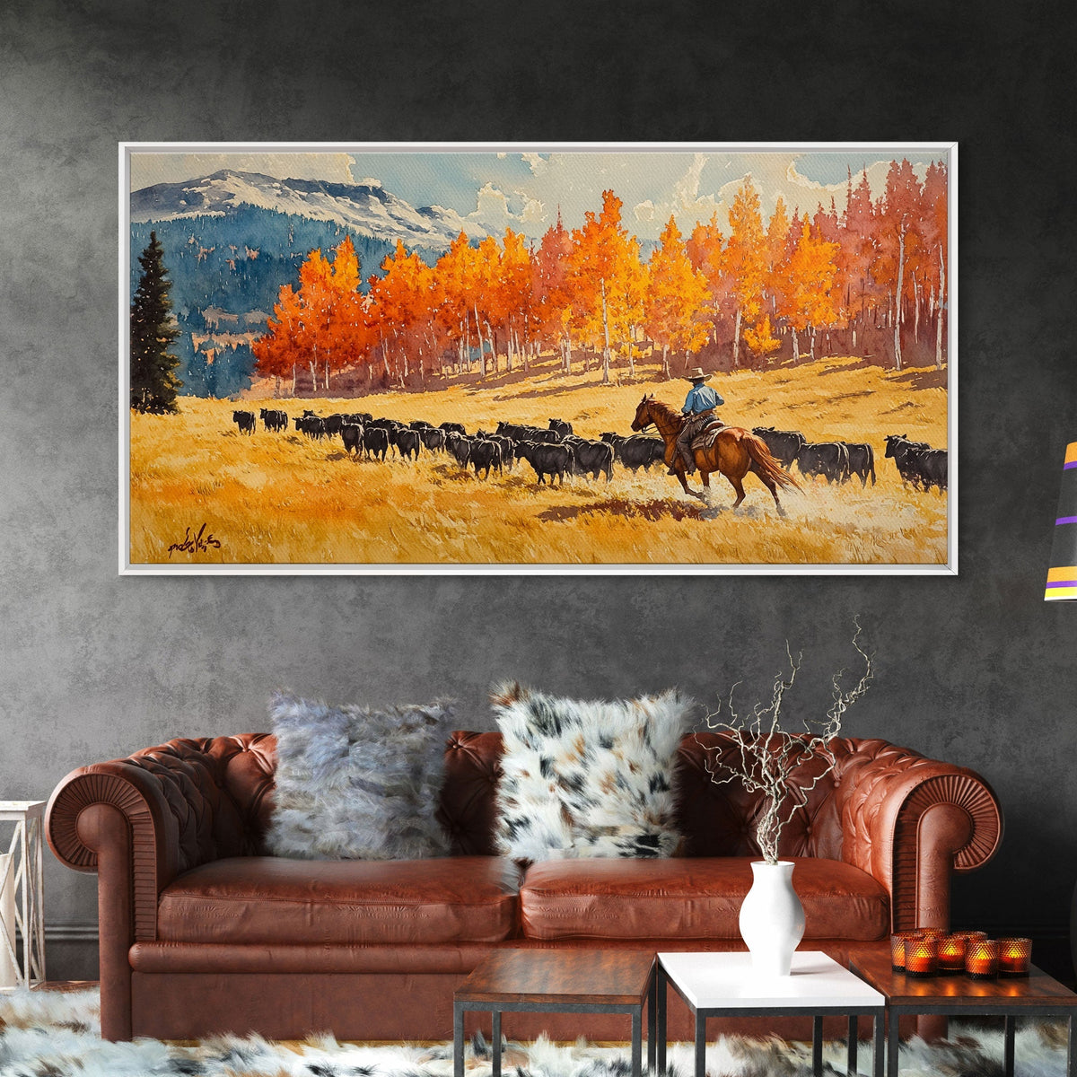 Cowboy Herding Cattle Under Mountains Framed Canvas Print Tall Art Autumn Country Landscape Fall Decor Western Wall Art Farmhouse Gift Idea - Quarter Circle AK Boutique