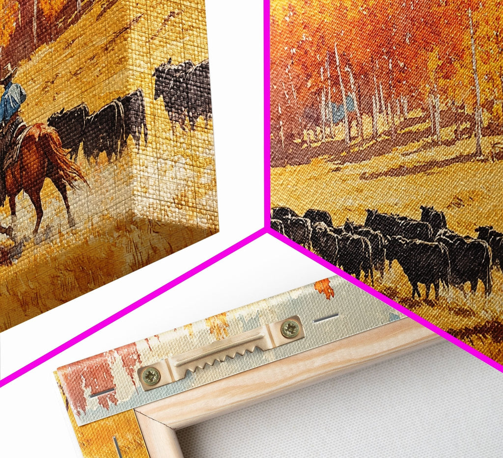 Cowboy Herding Cattle Under Mountains Framed Canvas Print Tall Art Autumn Country Landscape Fall Decor Western Wall Art Farmhouse Gift Idea - Quarter Circle AK Boutique