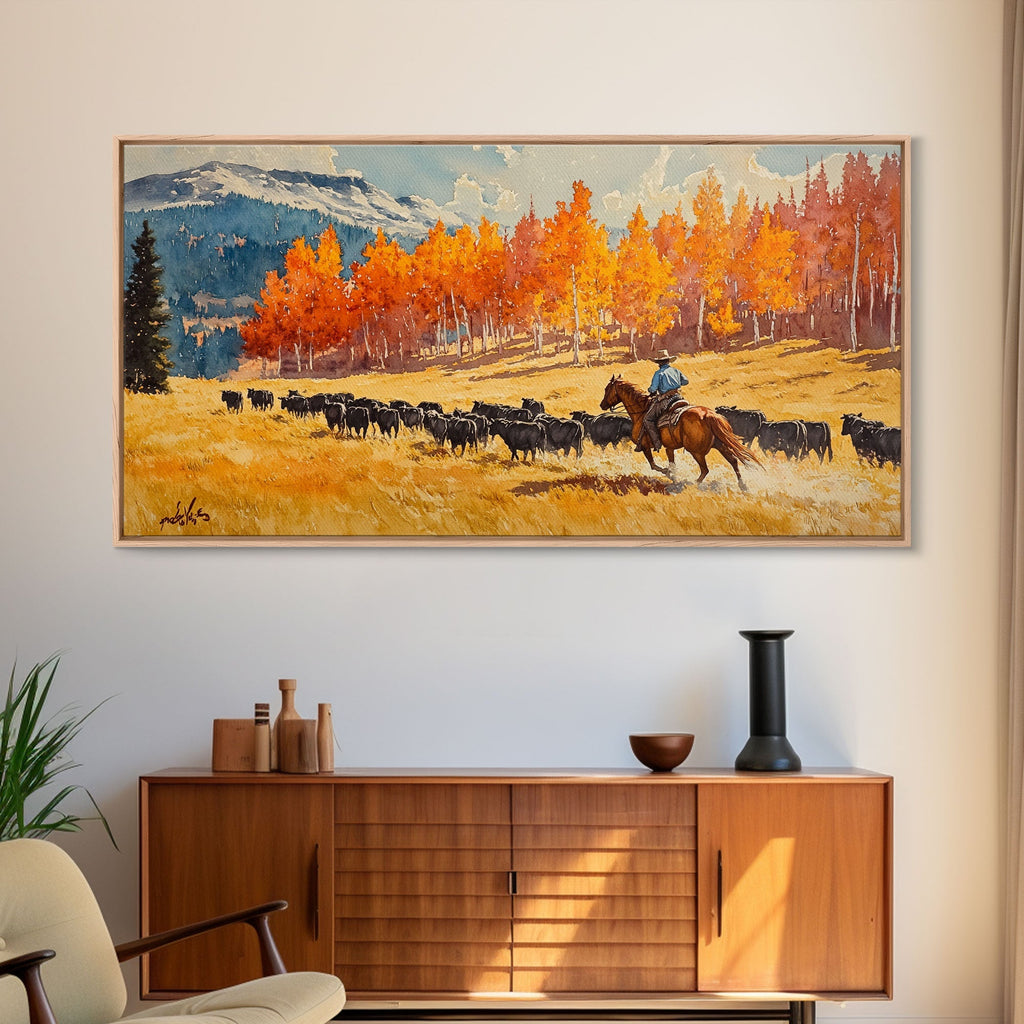Cowboy Herding Cattle Under Mountains Framed Canvas Print Tall Art Autumn Country Landscape Fall Decor Western Wall Art Farmhouse Gift Idea - Quarter Circle AK Boutique