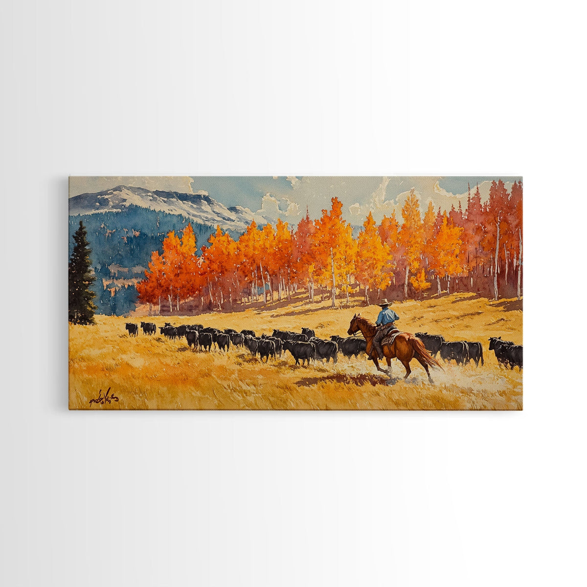 Cowboy Herding Cattle Under Mountains Framed Canvas Print Tall Art Autumn Country Landscape Fall Decor Western Wall Art Farmhouse Gift Idea - Quarter Circle AK Boutique