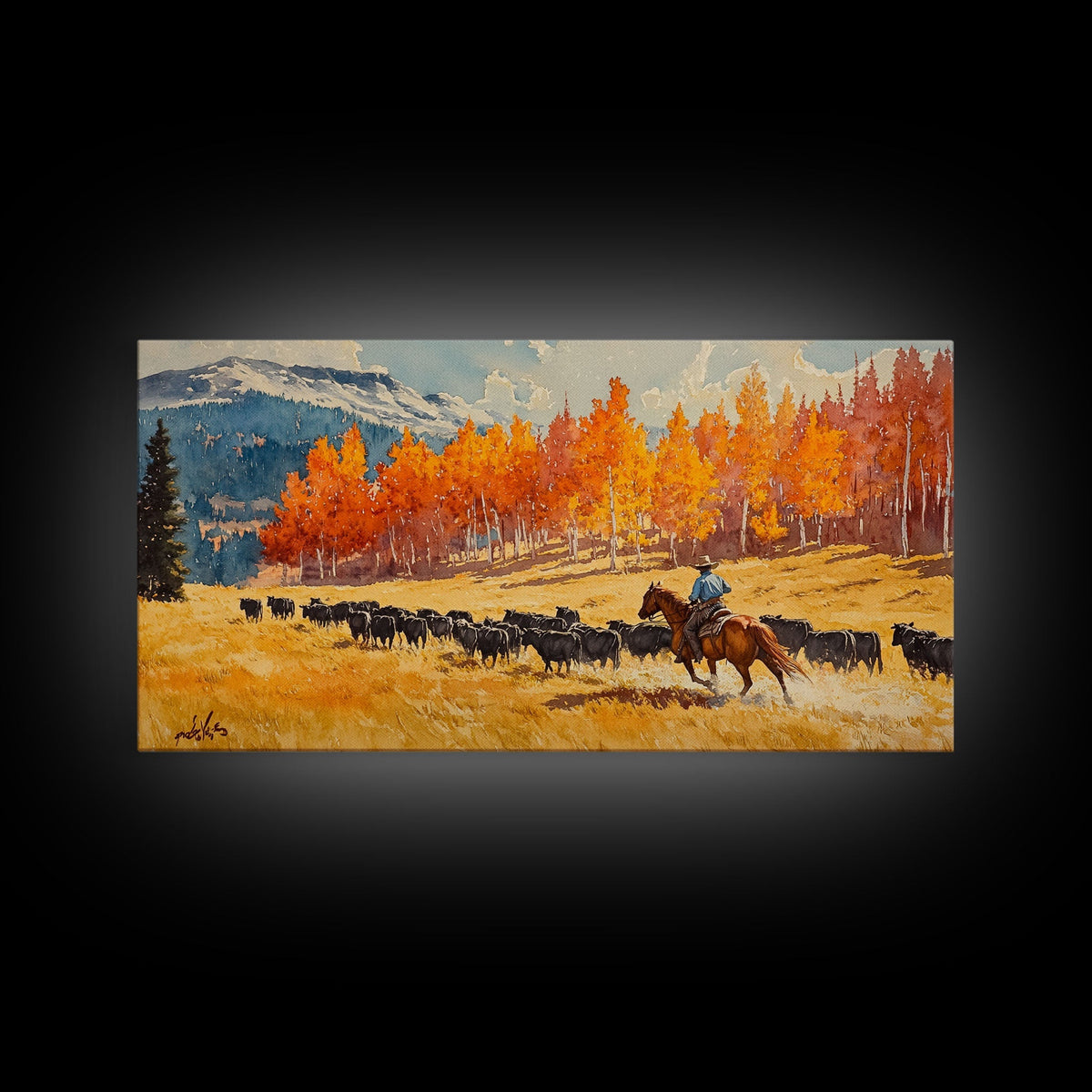Cowboy Herding Cattle Under Mountains Framed Canvas Print Tall Art Autumn Country Landscape Fall Decor Western Wall Art Farmhouse Gift Idea - Quarter Circle AK Boutique