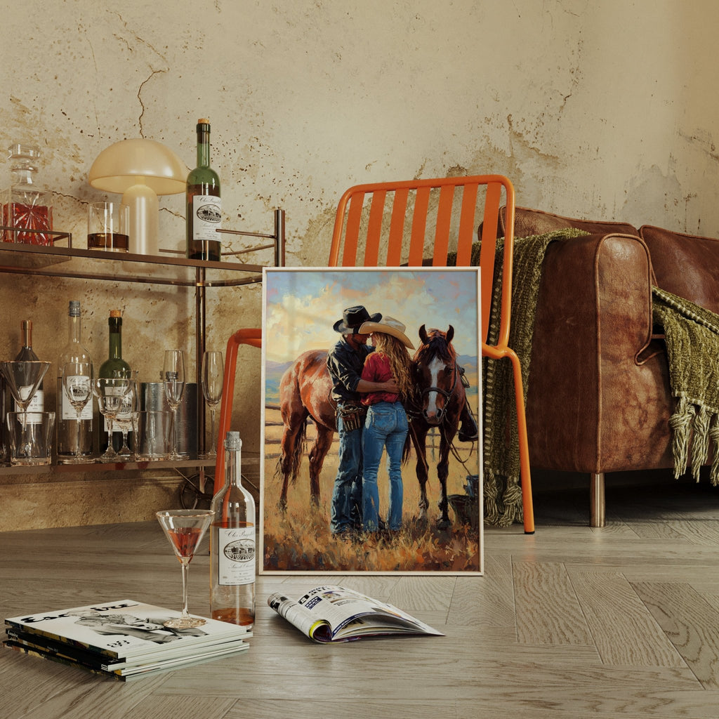 Cowboy Romance Canvas – Western Couple Wall Art with Horses - Quarter Circle AK Boutique