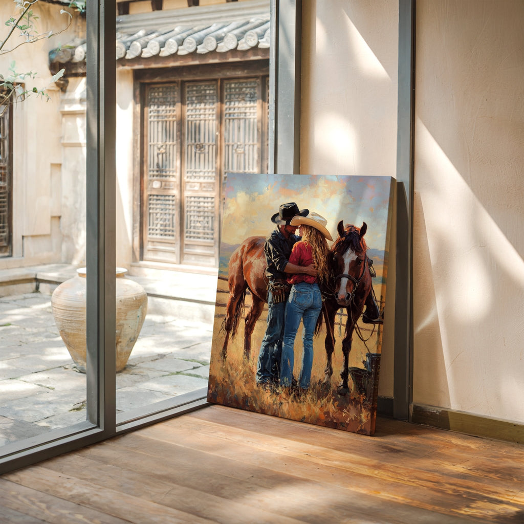 Cowboy Romance Canvas – Western Couple Wall Art with Horses - Quarter Circle AK Boutique