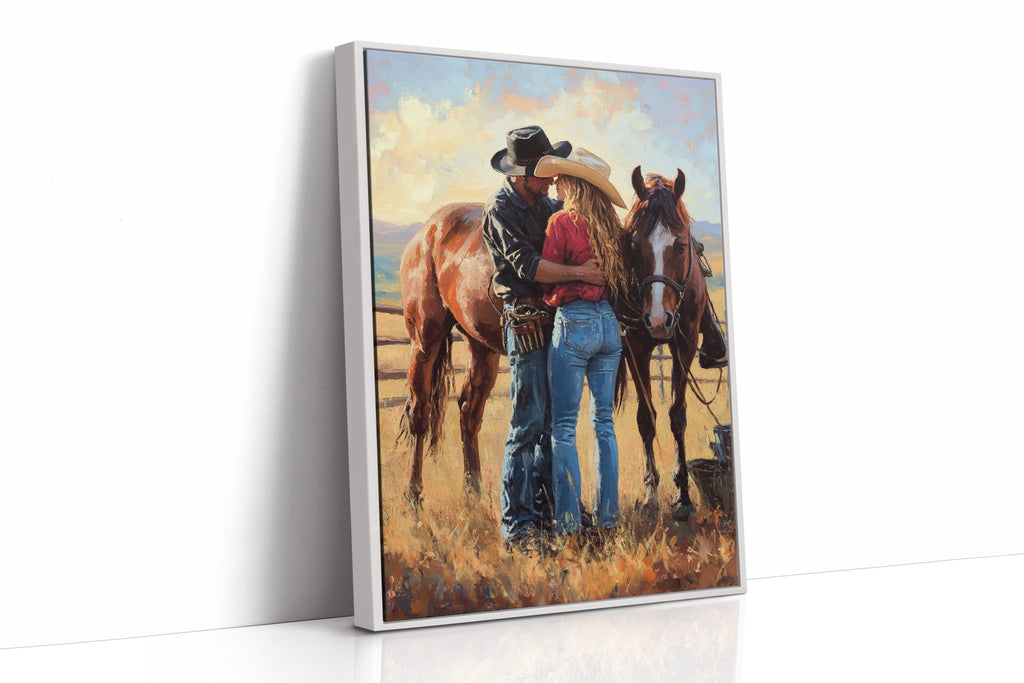 Cowboy Romance Canvas – Western Couple Wall Art with Horses - Quarter Circle AK Boutique