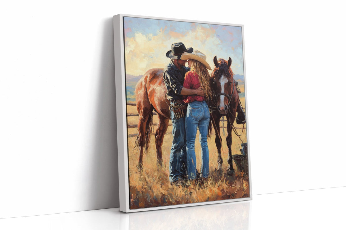 Cowboy Romance Canvas – Western Couple Wall Art with Horses - Quarter Circle AK Boutique
