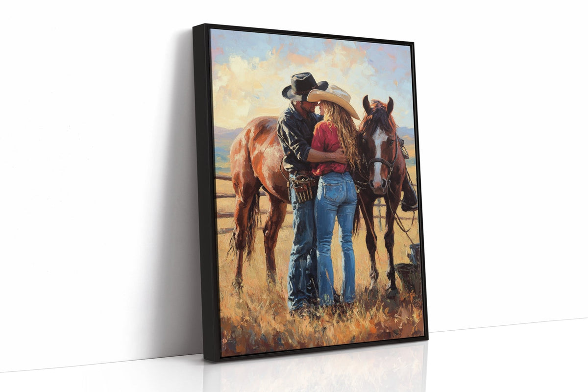 Cowboy Romance Canvas – Western Couple Wall Art with Horses - Quarter Circle AK Boutique
