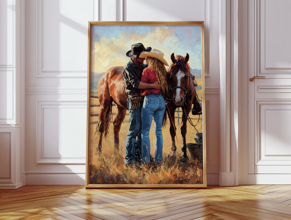 Cowboy Romance Canvas – Western Couple Wall Art with Horses - Quarter Circle AK Boutique
