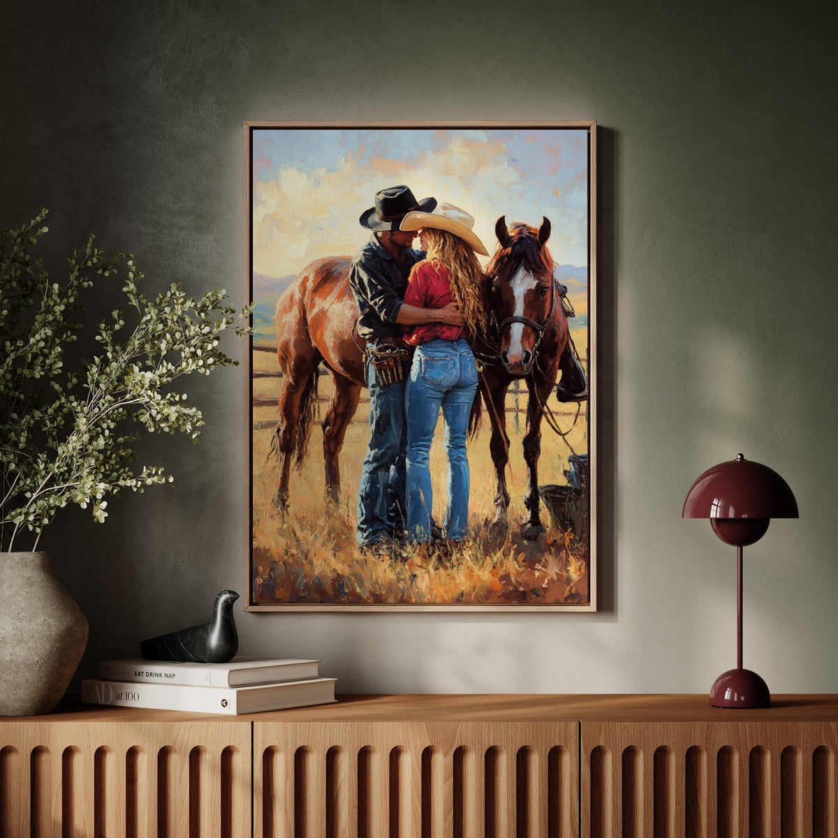 Cowboy Romance Canvas – Western Couple Wall Art with Horses - Quarter Circle AK Boutique