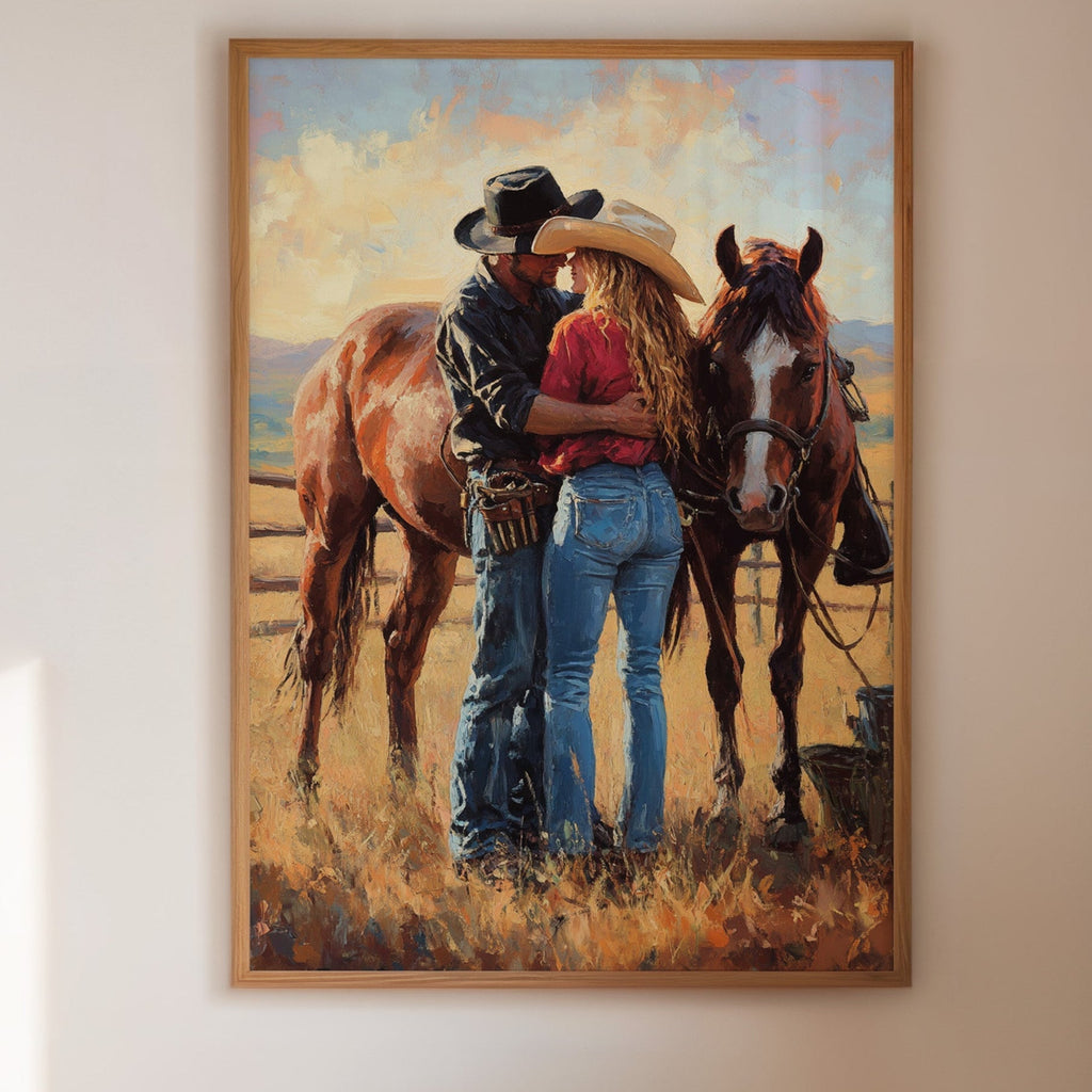 Cowboy Romance Canvas – Western Couple Wall Art with Horses - Quarter Circle AK Boutique