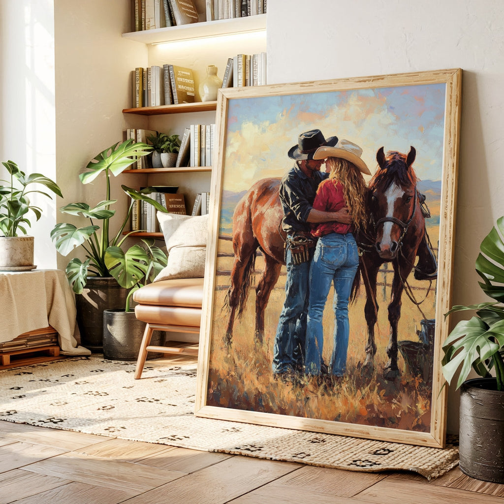 Cowboy Romance Canvas – Western Couple Wall Art with Horses - Quarter Circle AK Boutique