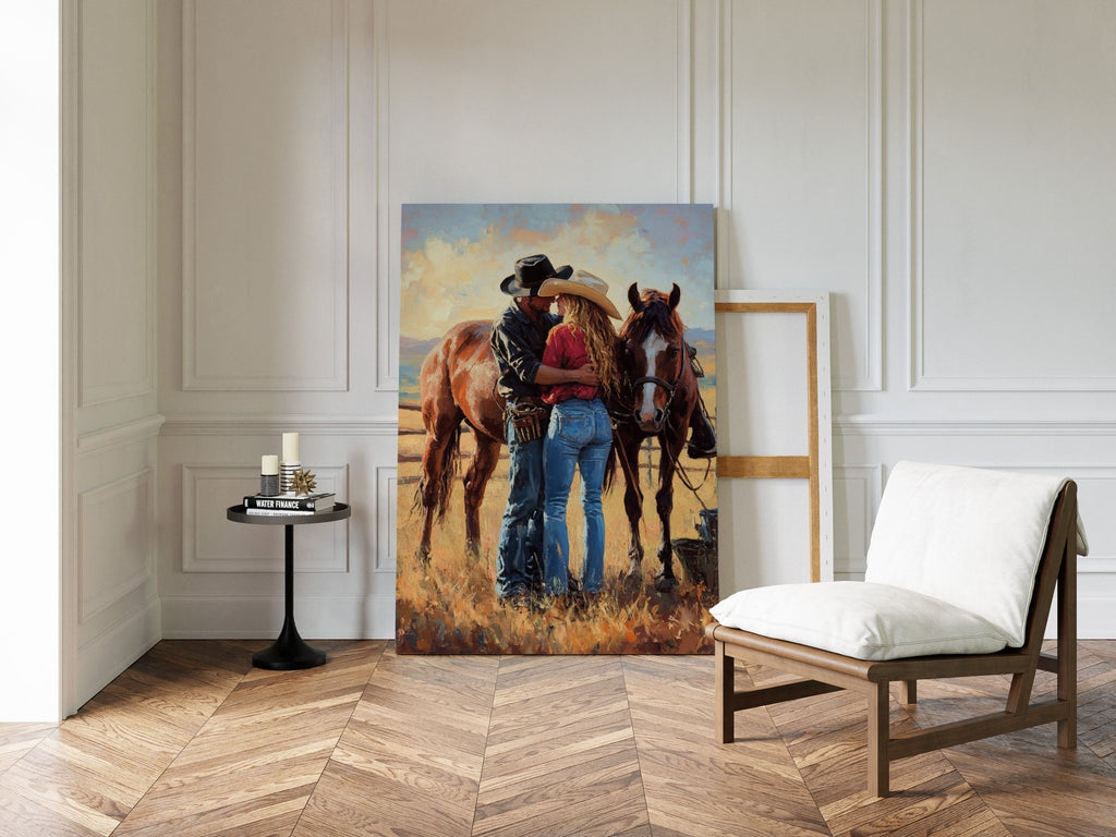 Cowboy Romance Canvas – Western Couple Wall Art with Horses - Quarter Circle AK Boutique