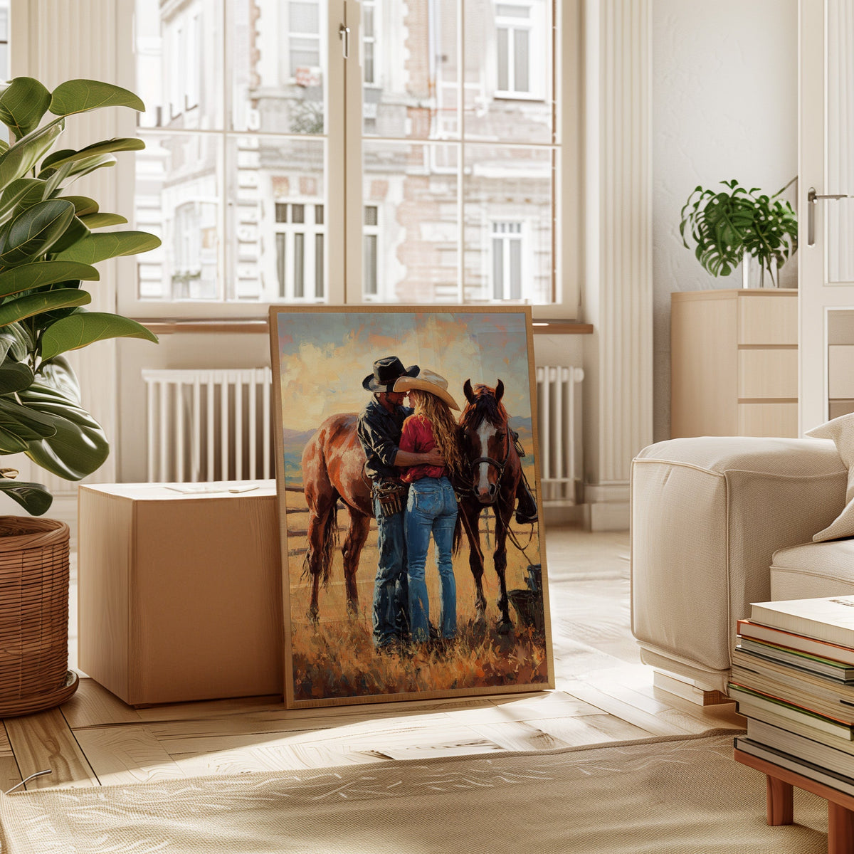 Cowboy Romance Canvas – Western Couple Wall Art with Horses - Quarter Circle AK Boutique