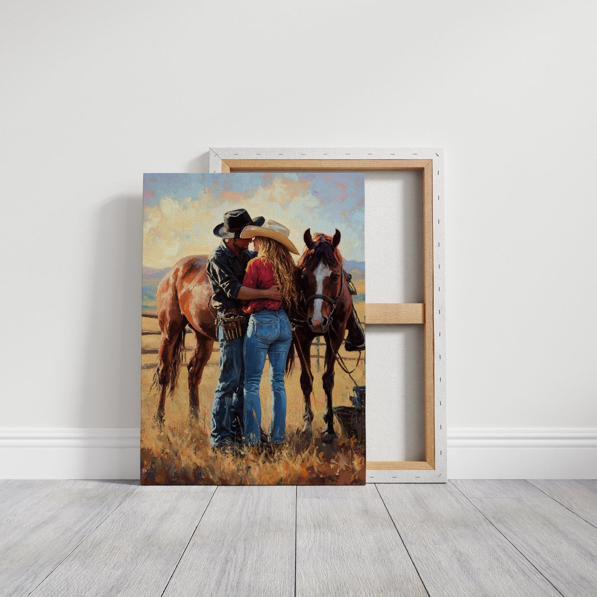 Cowboy Romance Canvas – Western Couple Wall Art with Horses - Quarter Circle AK Boutique