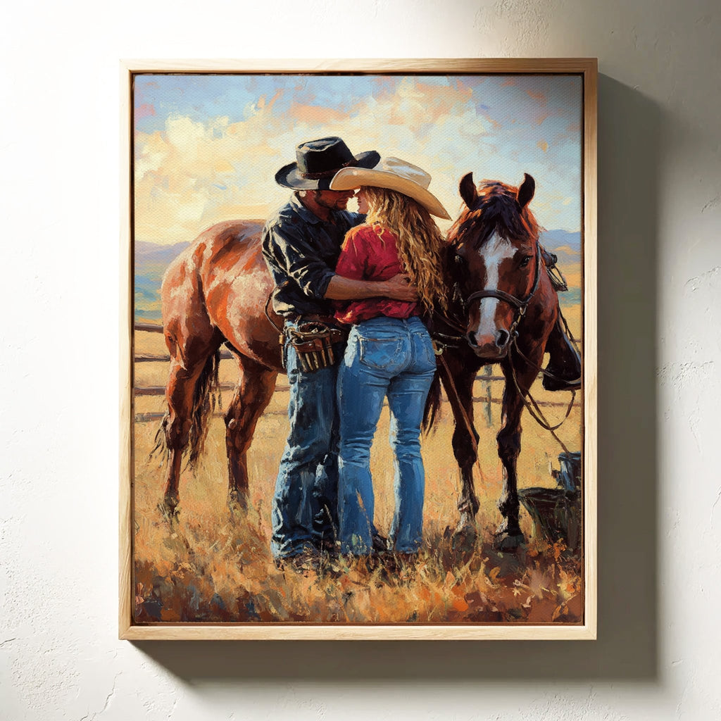 Cowboy Romance Canvas – Western Couple Wall Art with Horses - Quarter Circle AK Boutique