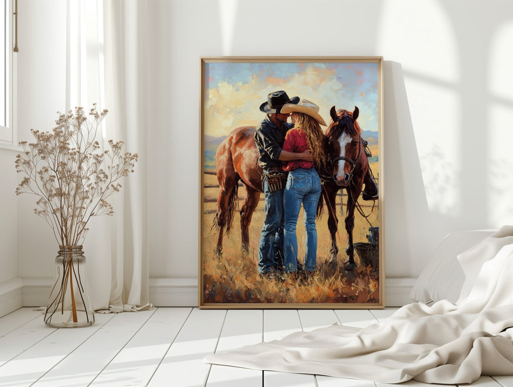 Cowboy Romance Canvas – Western Couple Wall Art with Horses - Quarter Circle AK Boutique