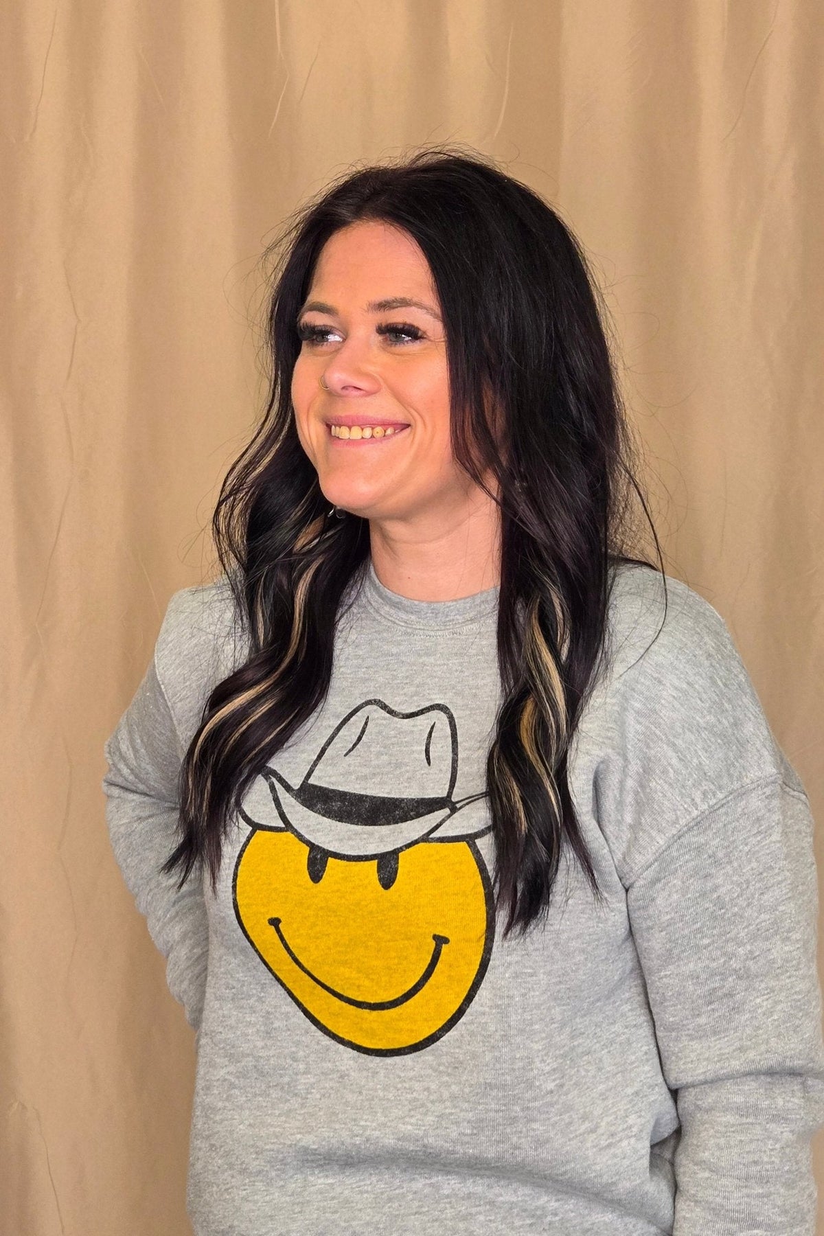 OAT COLLECTIVE "Cowboy Smiley" Western Graphic Sweatshirt — Plush Sponge Fleece with Hand Screenprint