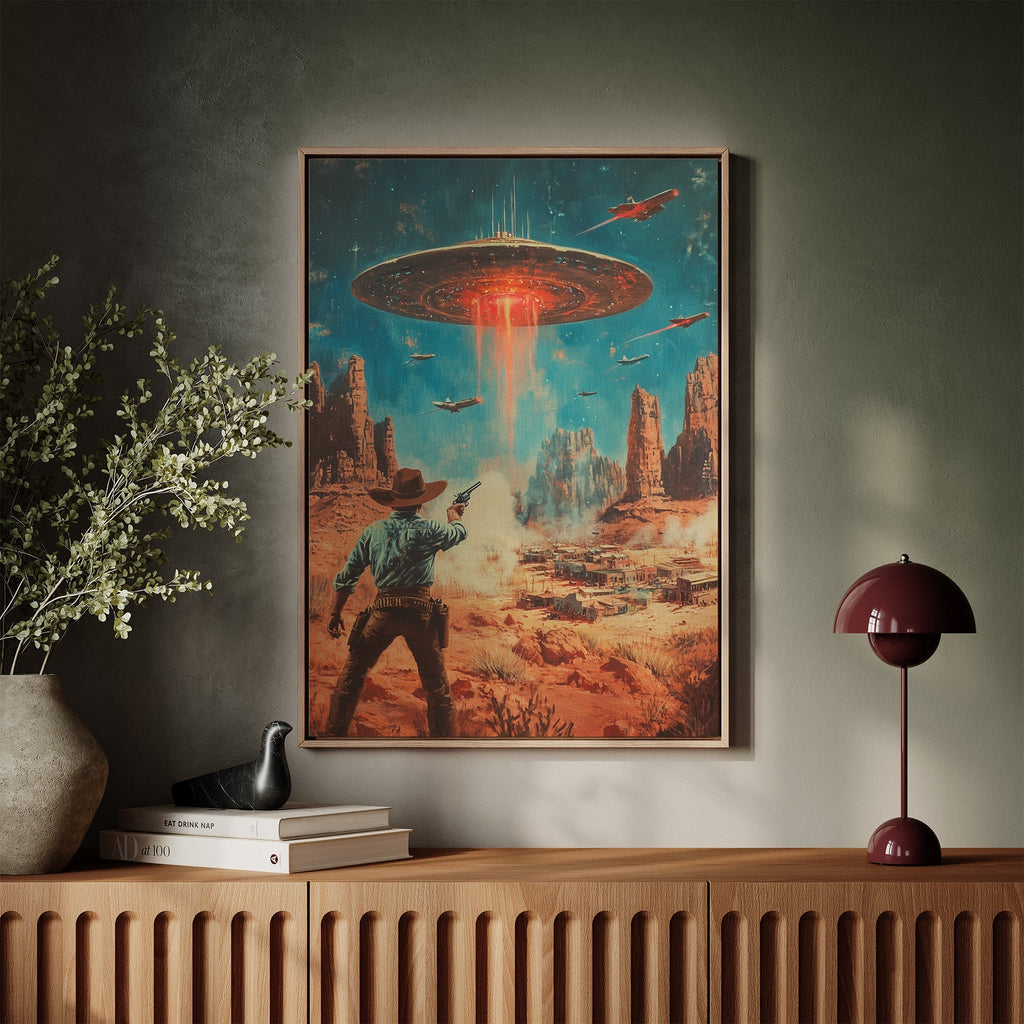 Cowboy vs. UFO – Sci-Fi Western Wall Art - Quarter Circle AK Boutique