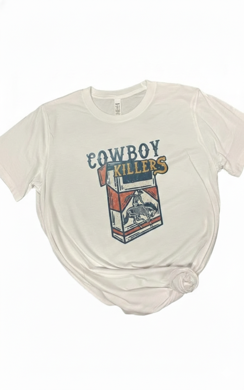 "Cowboy Killers" Retro Cigarette Pack Tee | Tultex Super Soft Unisex T-Shirt | Vintage Rodeo Skeleton Graphic | Edgy Western Boutique Streetwear