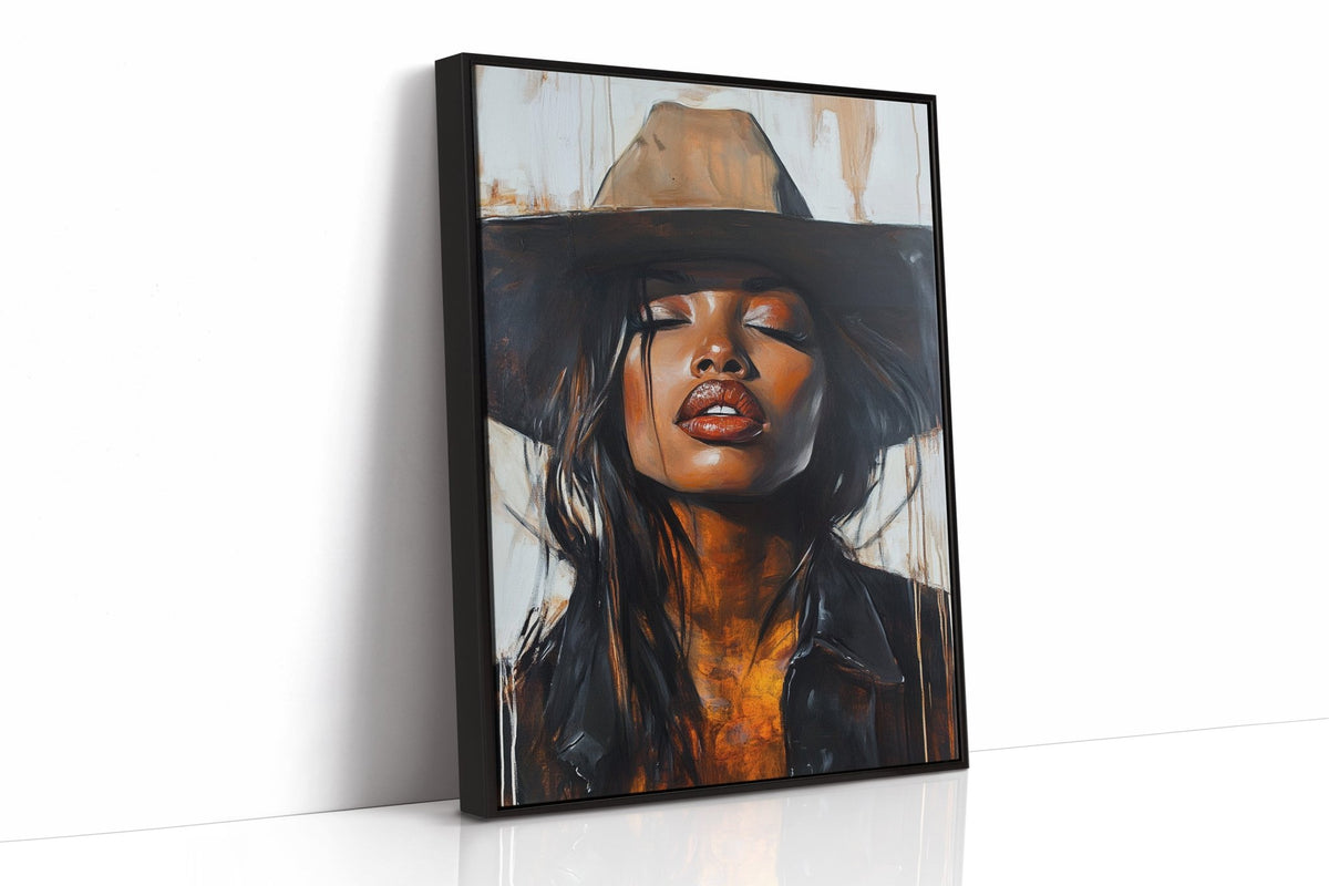 Cowgirl Serenity – Bold Black Western Beauty Portrait Canvas - Quarter Circle AK Boutique
