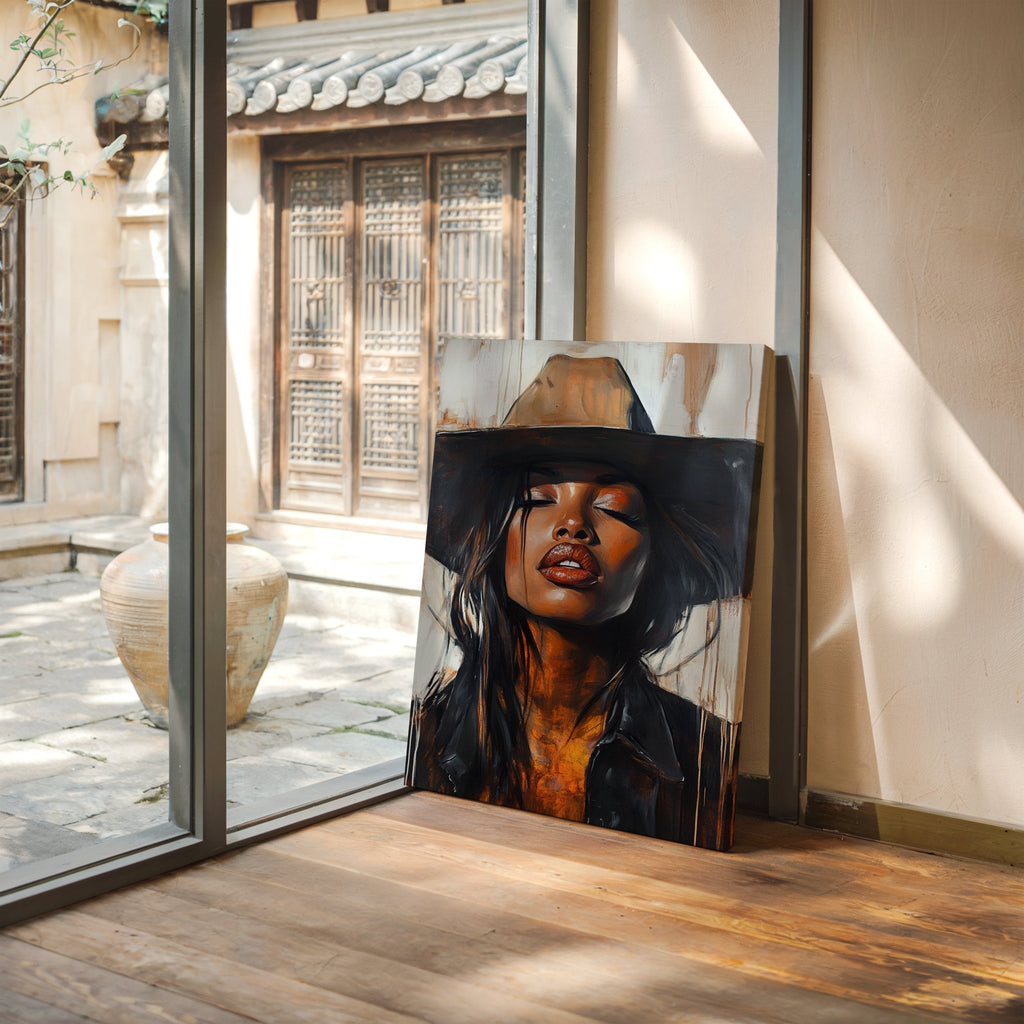 Cowgirl Serenity – Bold Black Western Beauty Portrait Canvas - Quarter Circle AK Boutique