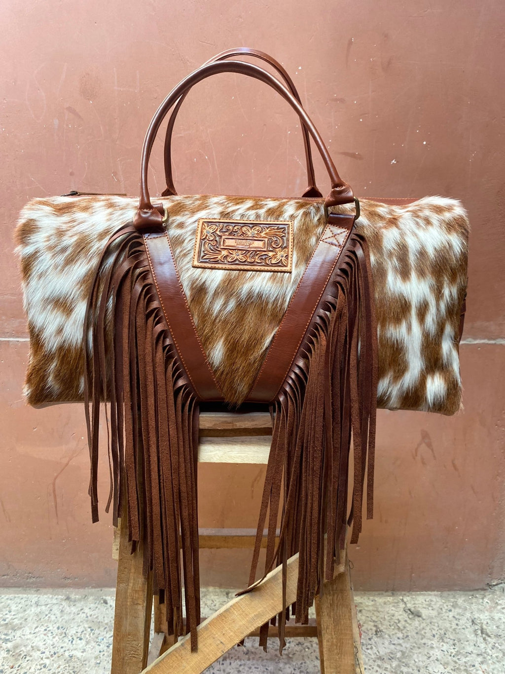 Cowhide Western Duffle Bag With Fringe - Quarter Circle AK Boutique