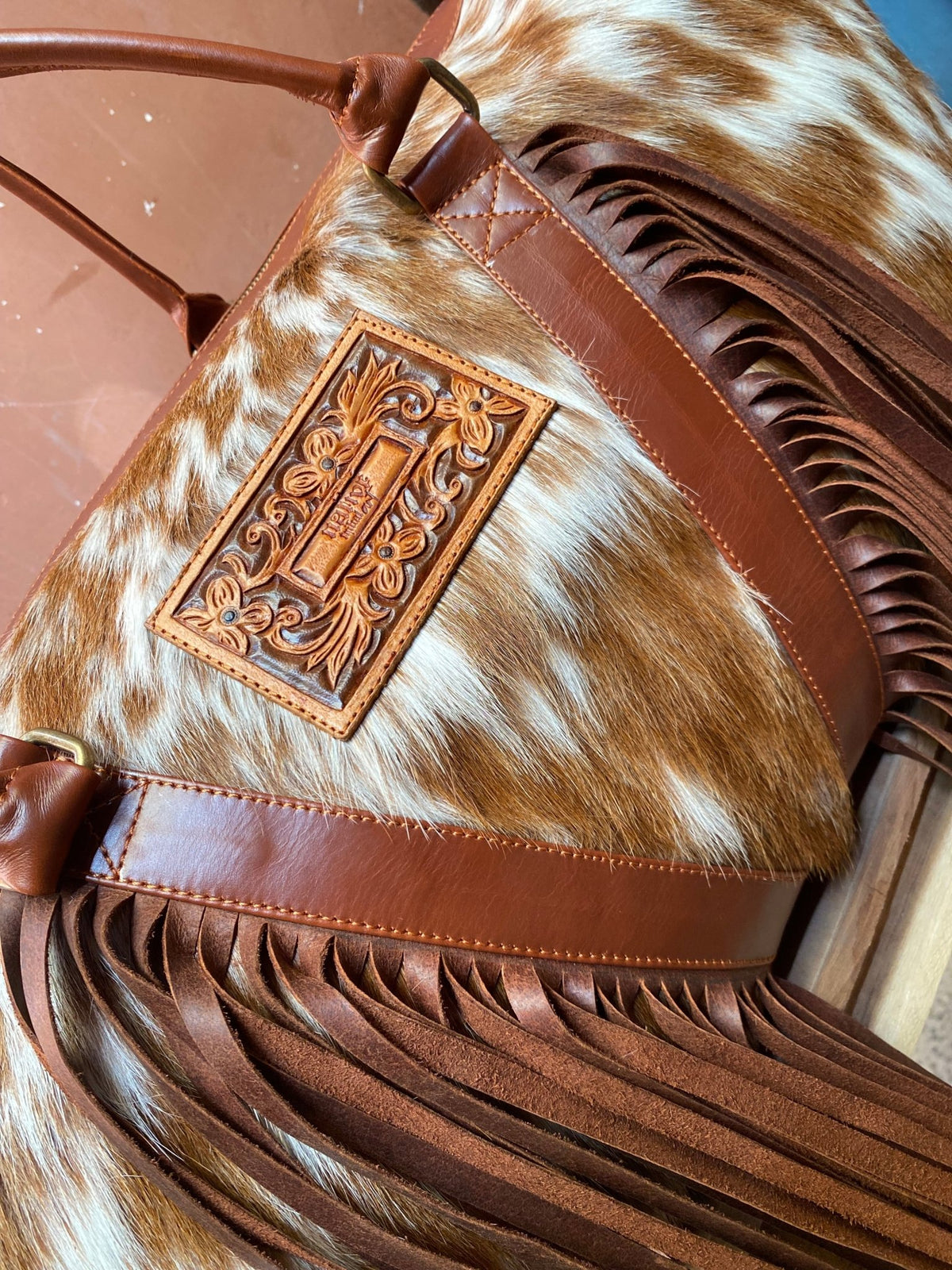 Cowhide Western Duffle Bag With Fringe - Quarter Circle AK Boutique