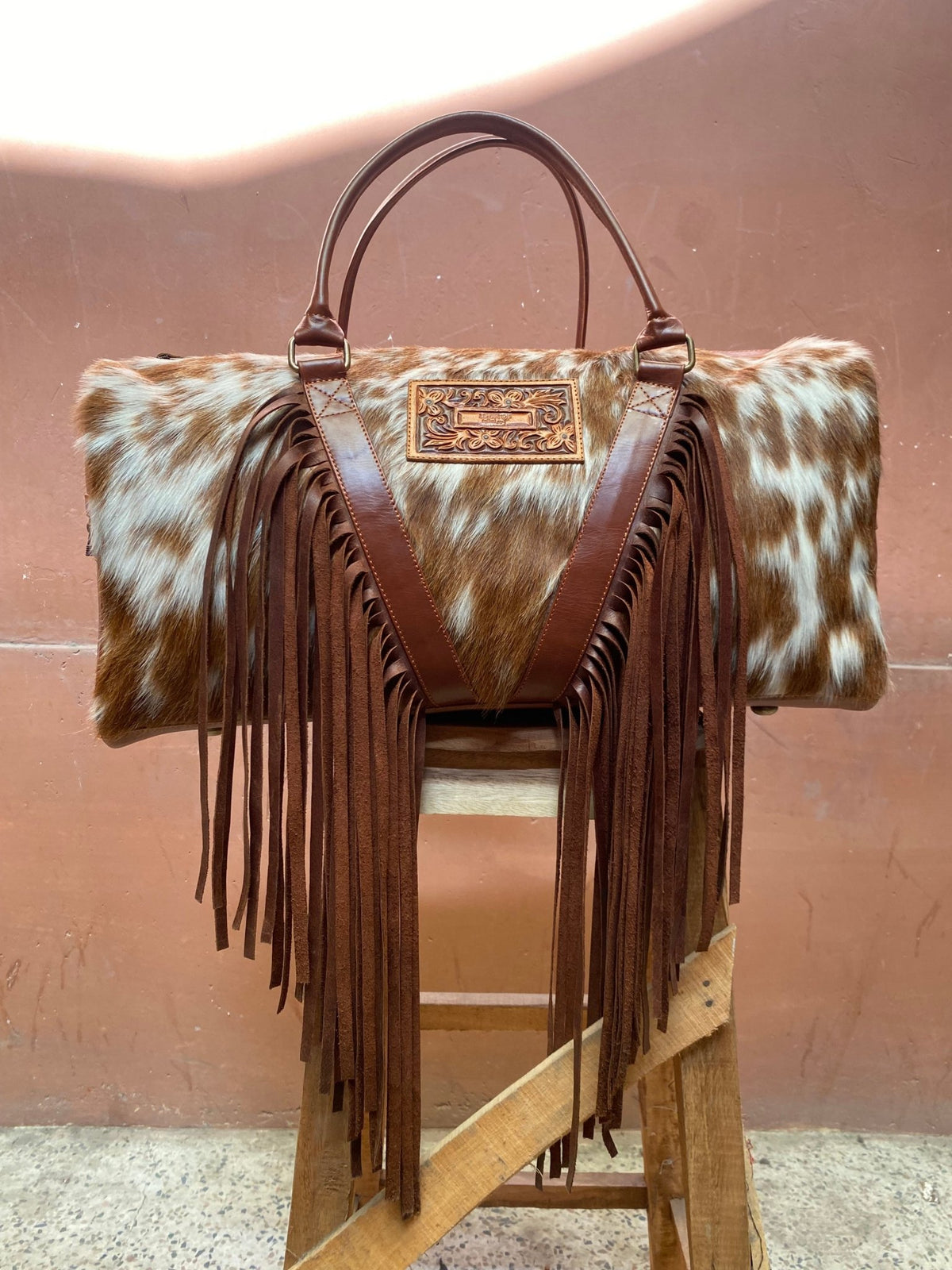 Cowhide Western Duffle Bag With Fringe - Quarter Circle AK Boutique