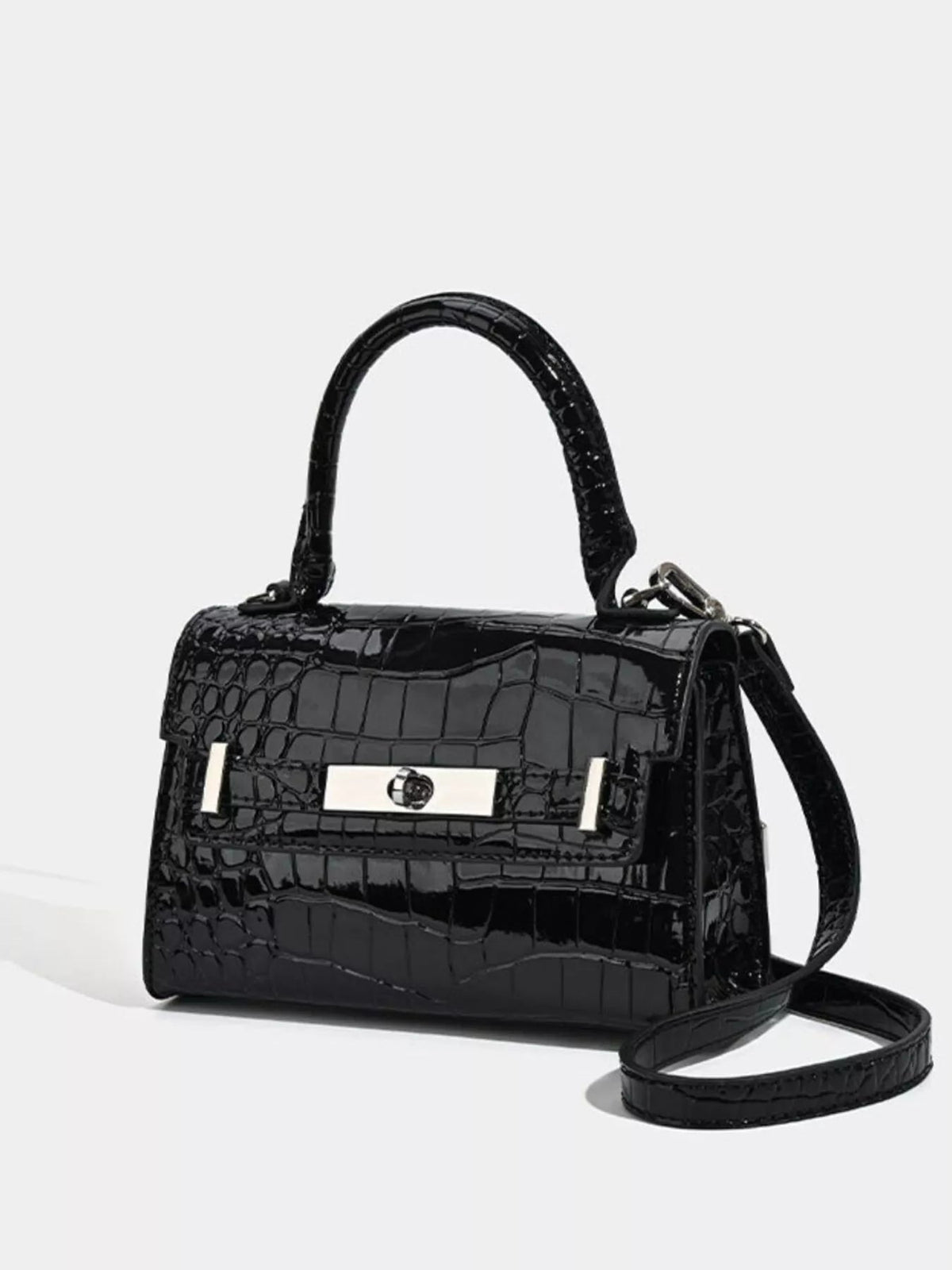 Croc-Embossed Top Handle Handbag - Quarter Circle AK Boutique