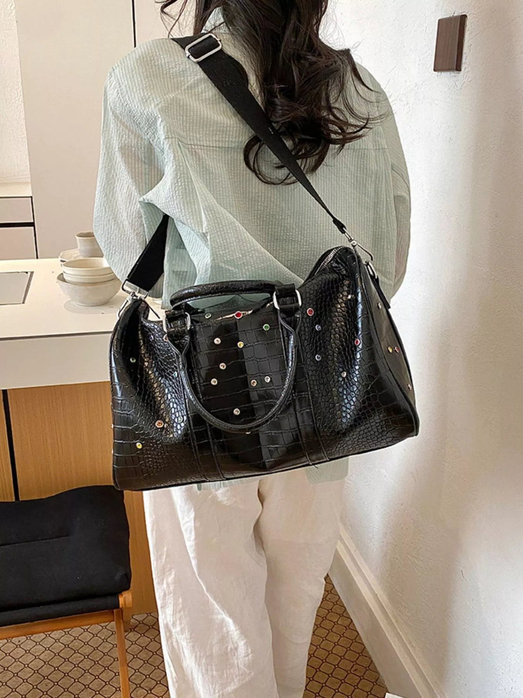 Crocodile Embossed Studded Travel Bag - Quarter Circle AK Boutique