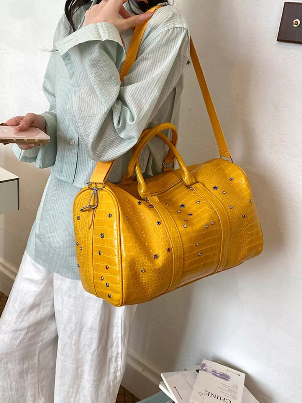 Crocodile Embossed Studded Travel Bag - Quarter Circle AK Boutique