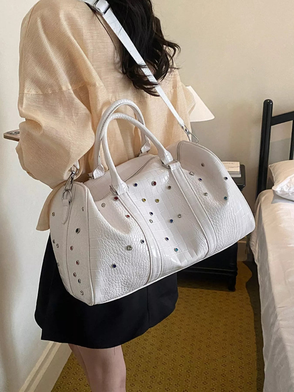 Crocodile Embossed Studded Travel Bag - Quarter Circle AK Boutique