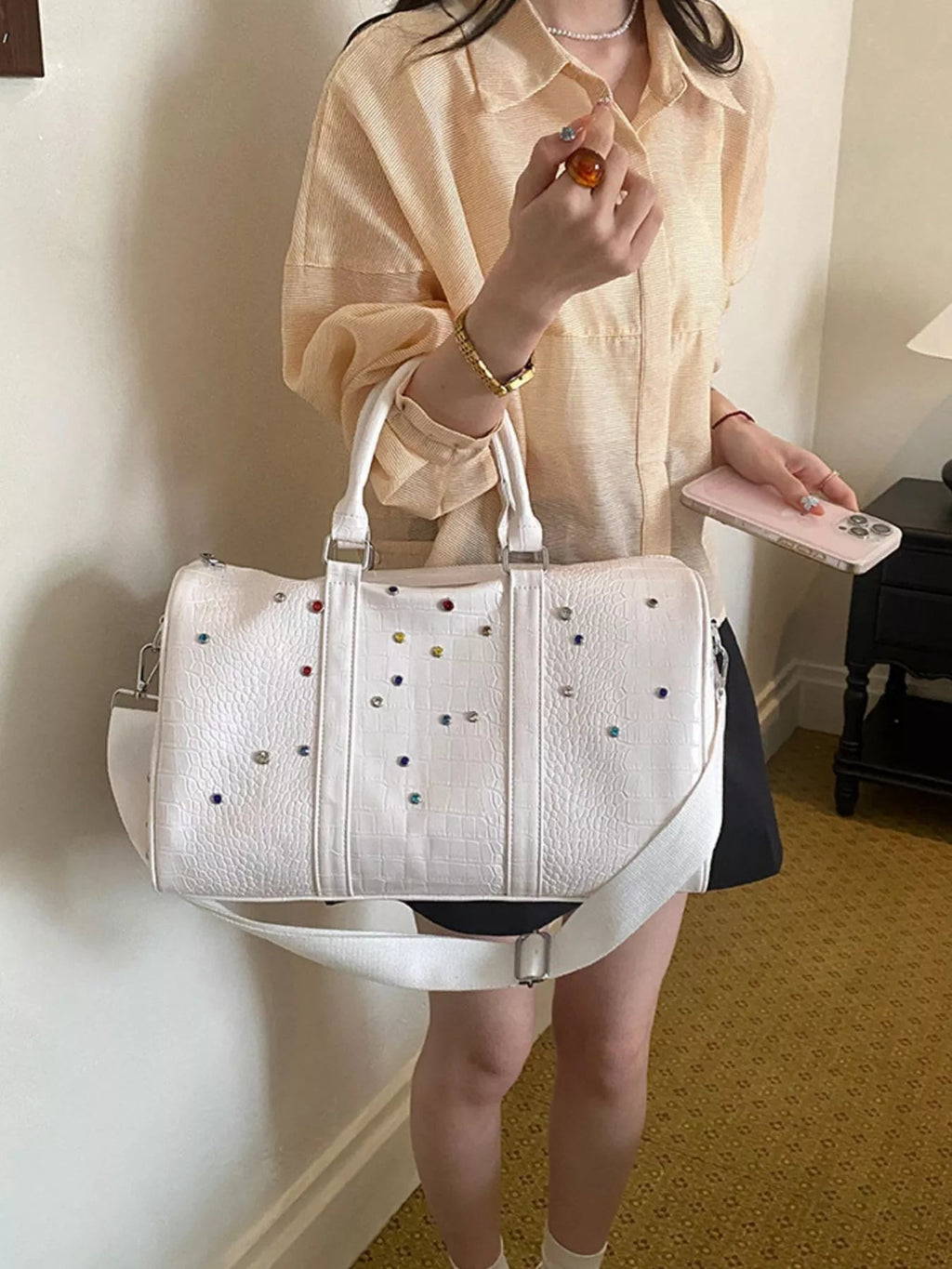 Crocodile Embossed Studded Travel Bag - Quarter Circle AK Boutique