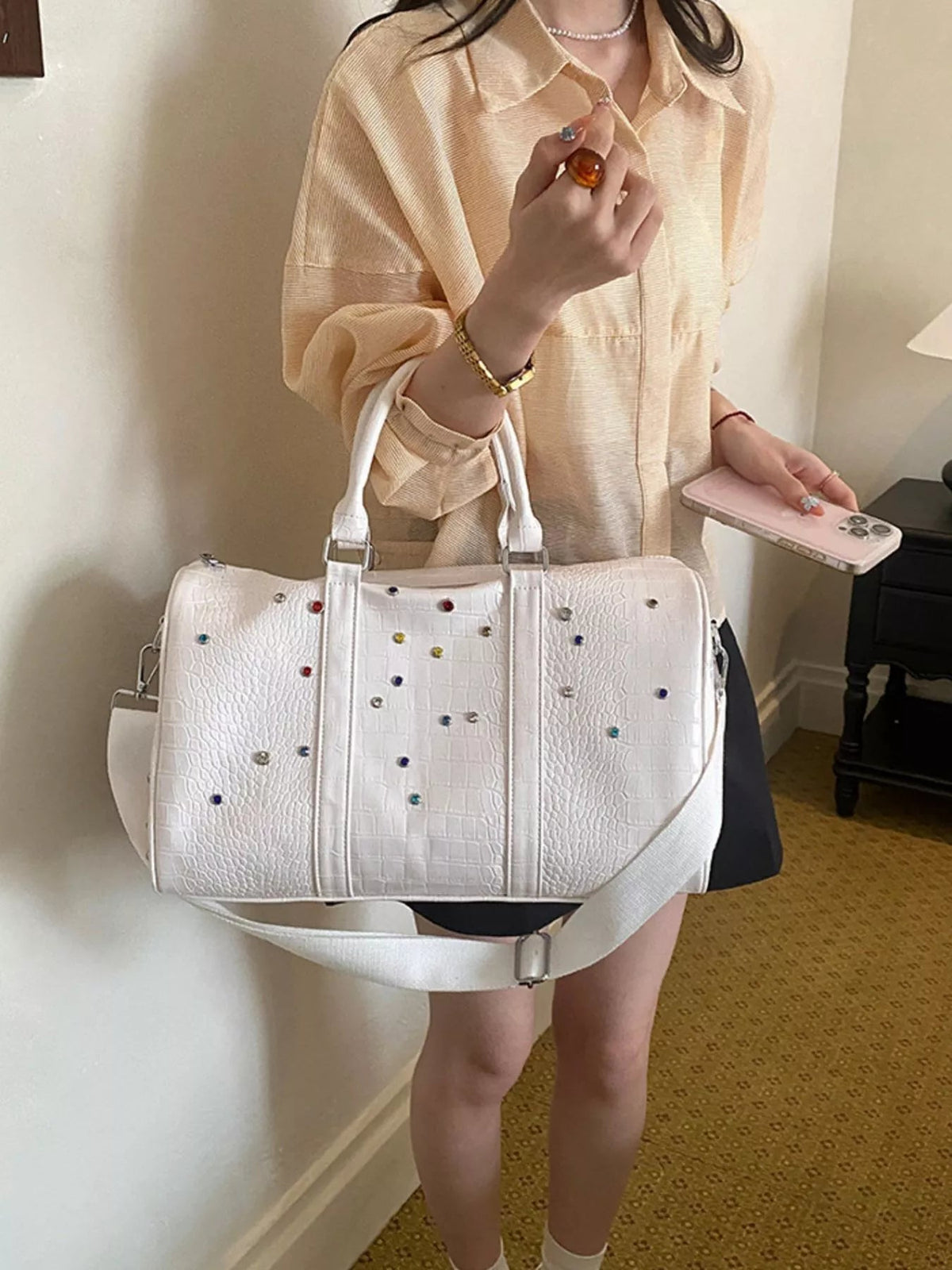 Crocodile Embossed Studded Travel Bag - Quarter Circle AK Boutique