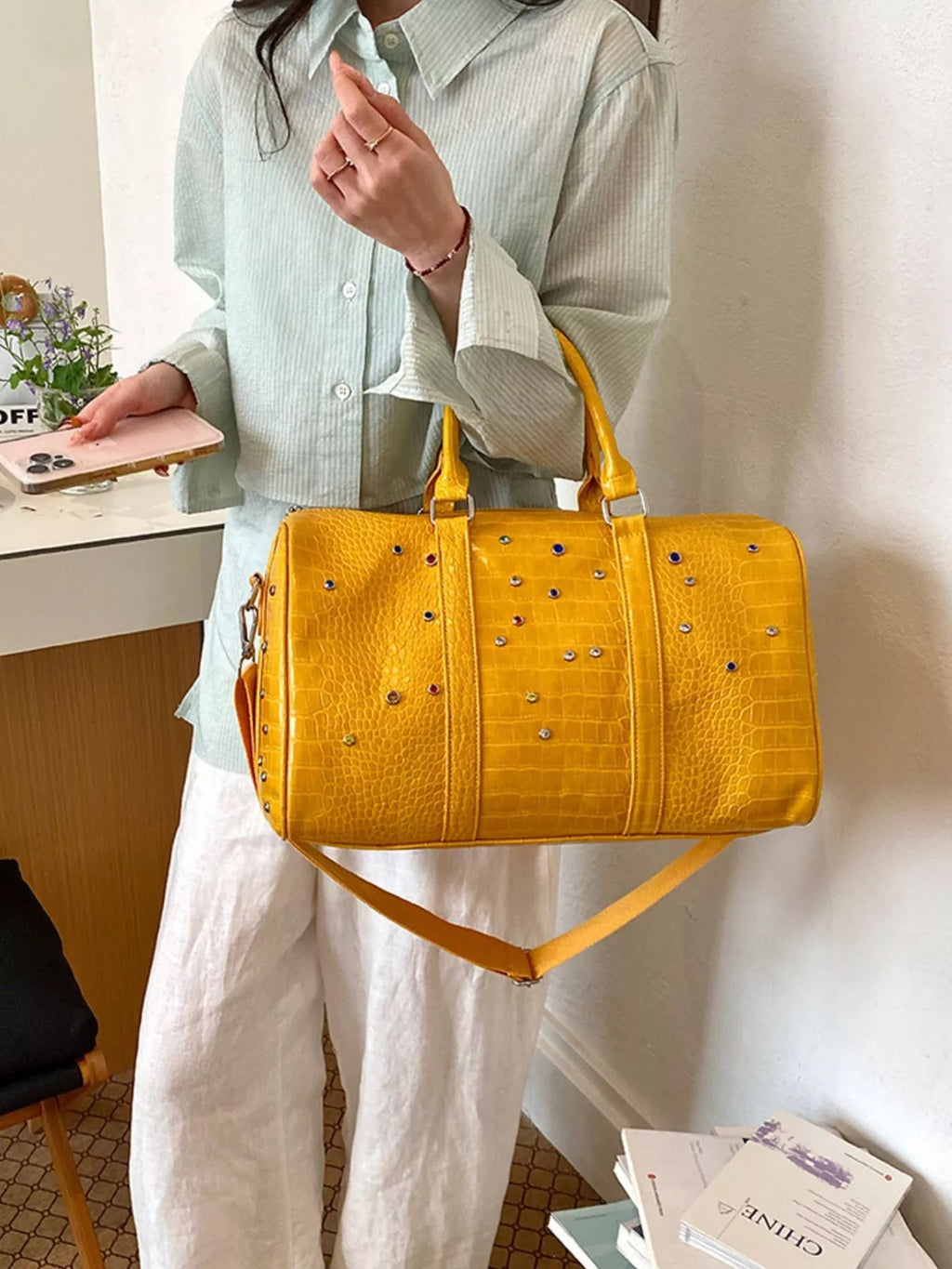Crocodile Embossed Studded Travel Bag - Quarter Circle AK Boutique