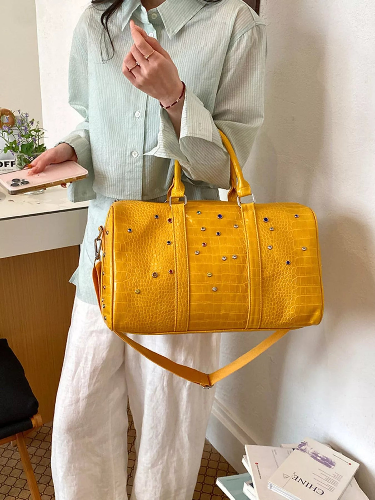 Crocodile Embossed Studded Travel Bag - Quarter Circle AK Boutique