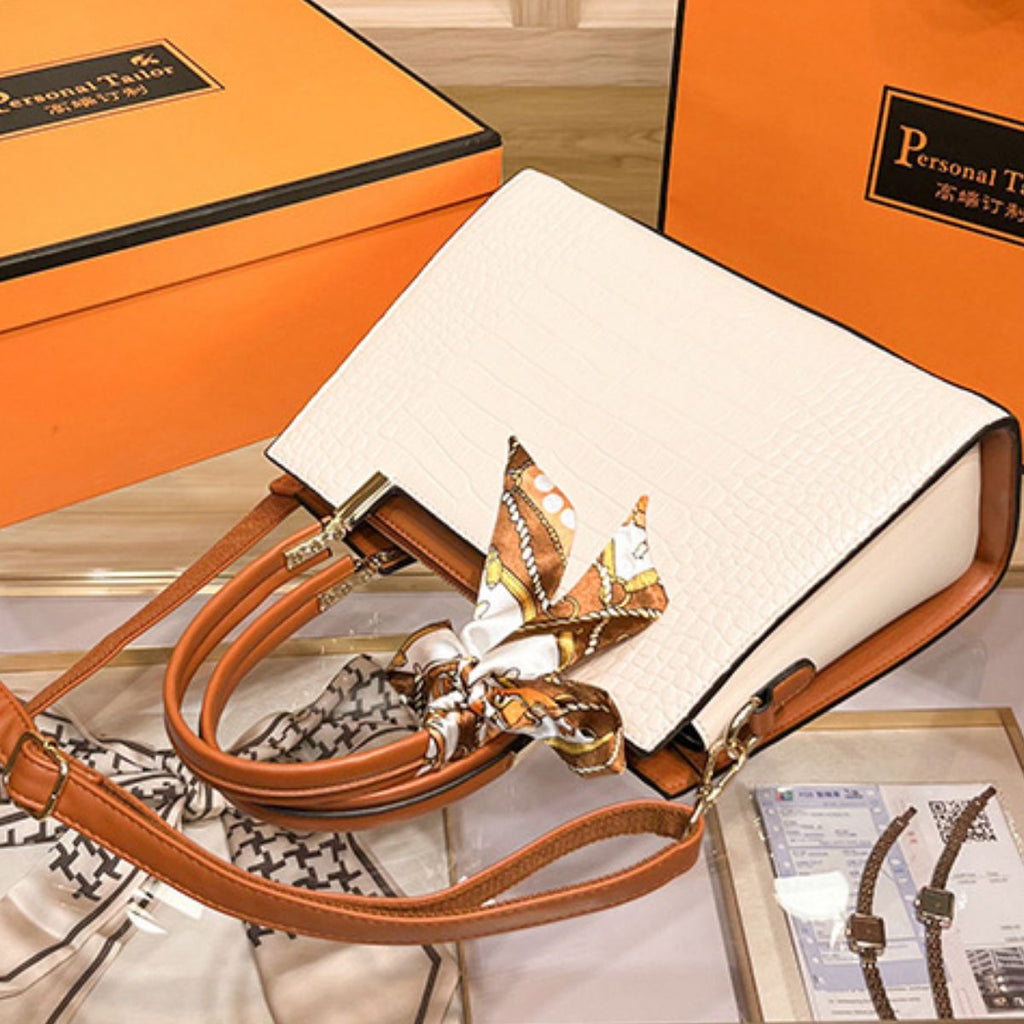 Crocodile Embossed Top Handle Handbag with Scarf - Quarter Circle AK Boutique