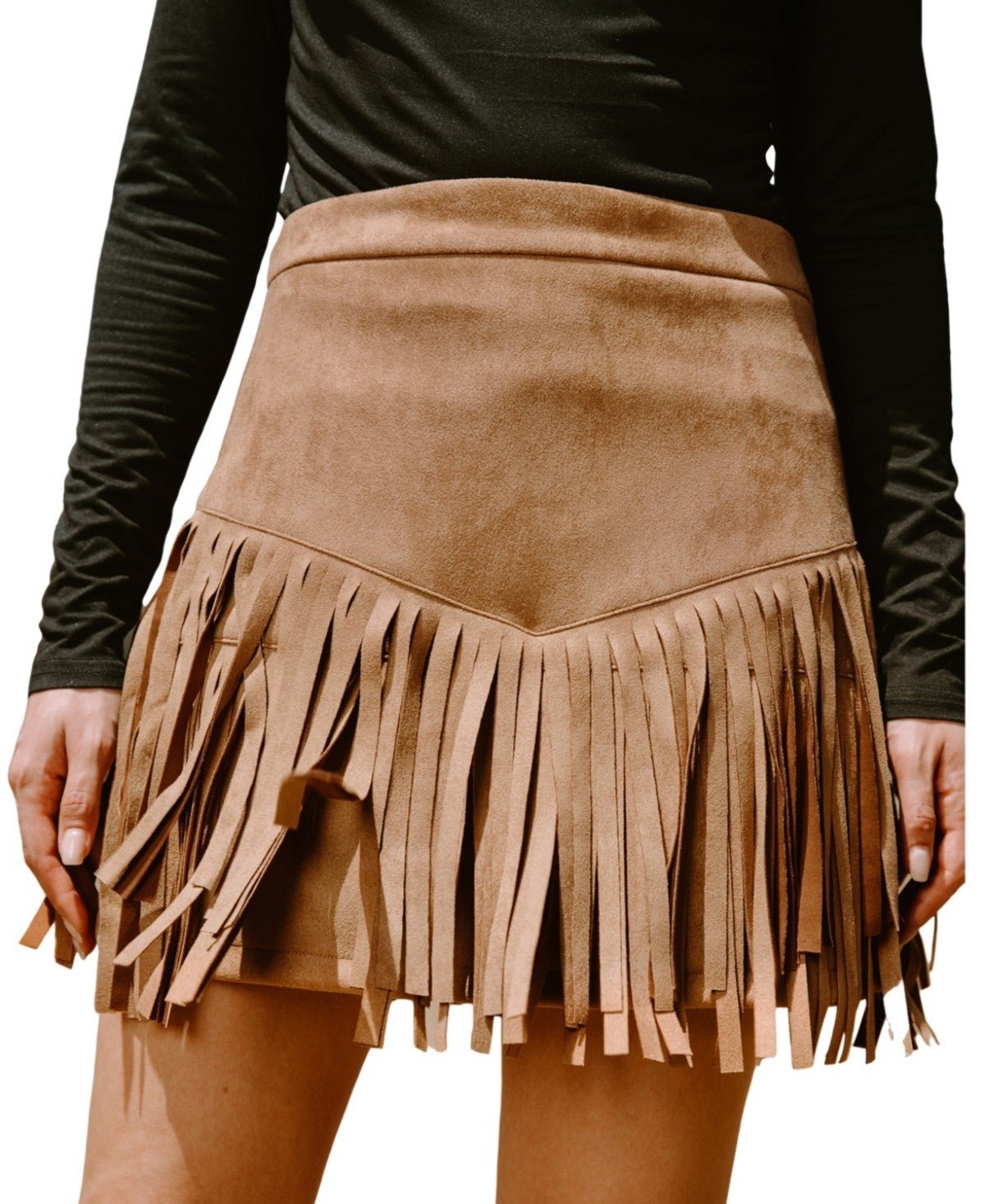 Cupshe Womens Faux Suede Fringe Hem Mini Skirt - Brown, Medium - Quarter Circle AK Boutique