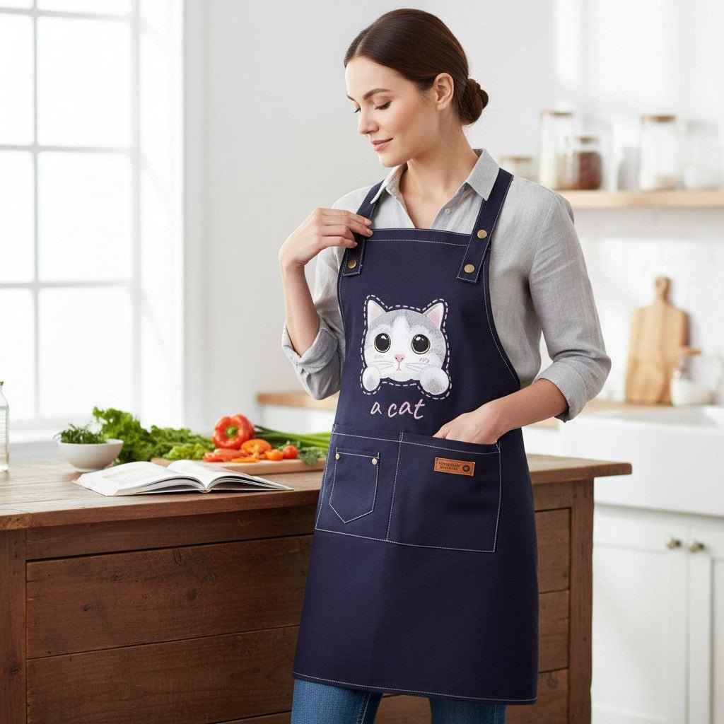 Cute Cat Apron – Durable Canvas Kitchen Apron with 3 Pockets - Quarter Circle AK Boutique