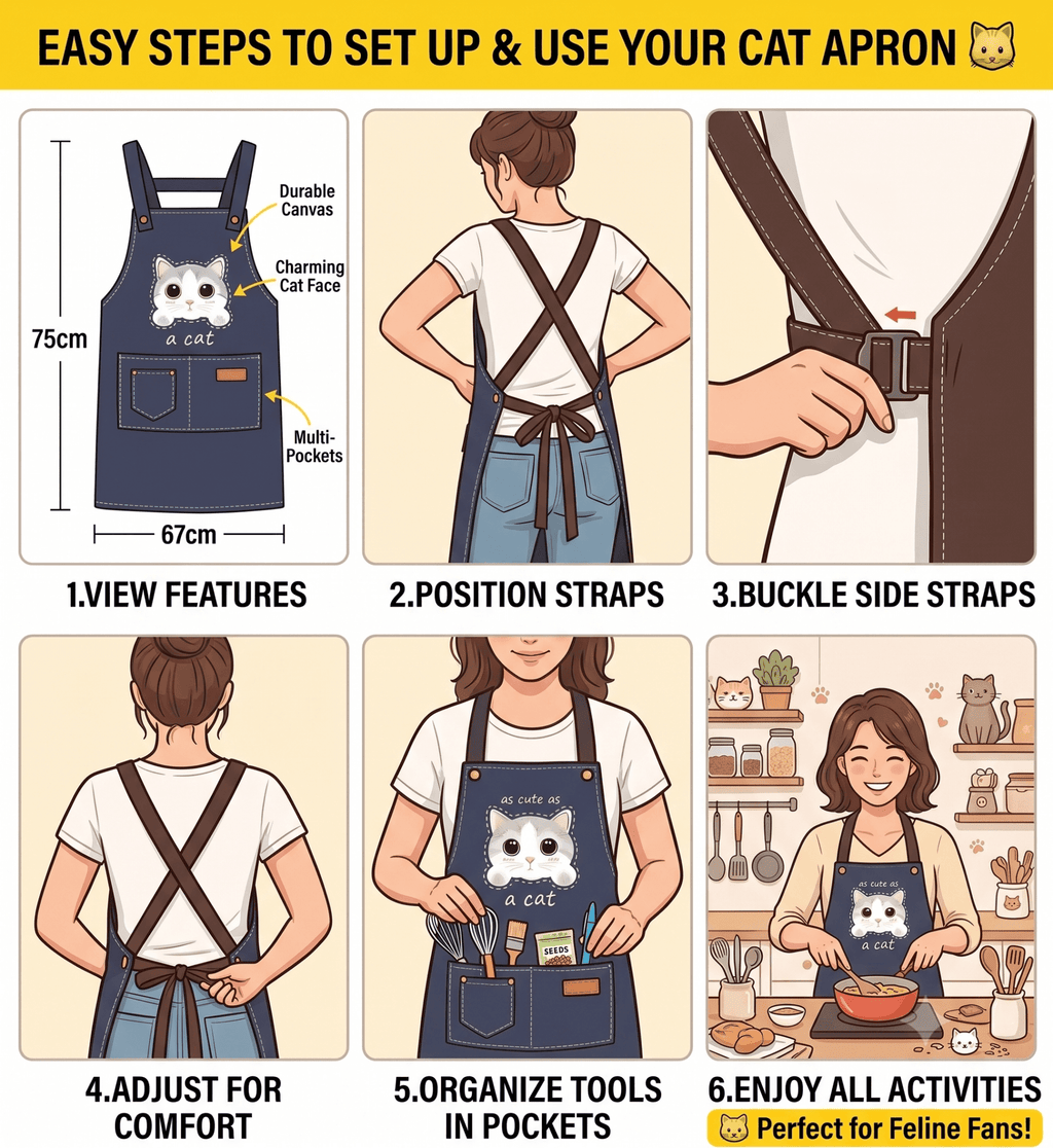 Cute Cat Apron – Durable Canvas Kitchen Apron with 3 Pockets - Quarter Circle AK Boutique