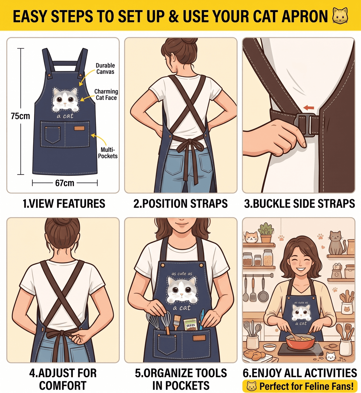 Cute Cat Apron – Durable Canvas Kitchen Apron with 3 Pockets - Quarter Circle AK Boutique