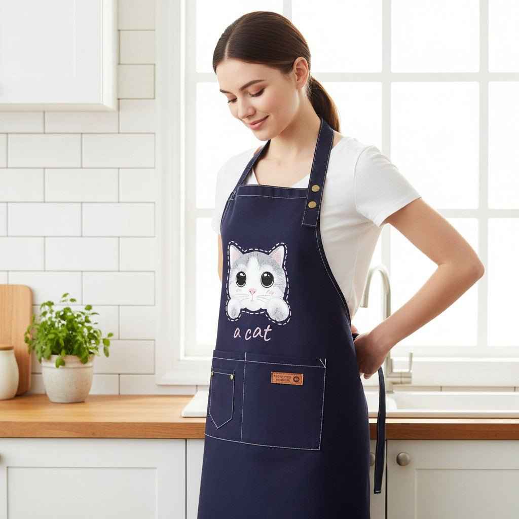 Cute Cat Apron – Durable Canvas Kitchen Apron with 3 Pockets - Quarter Circle AK Boutique