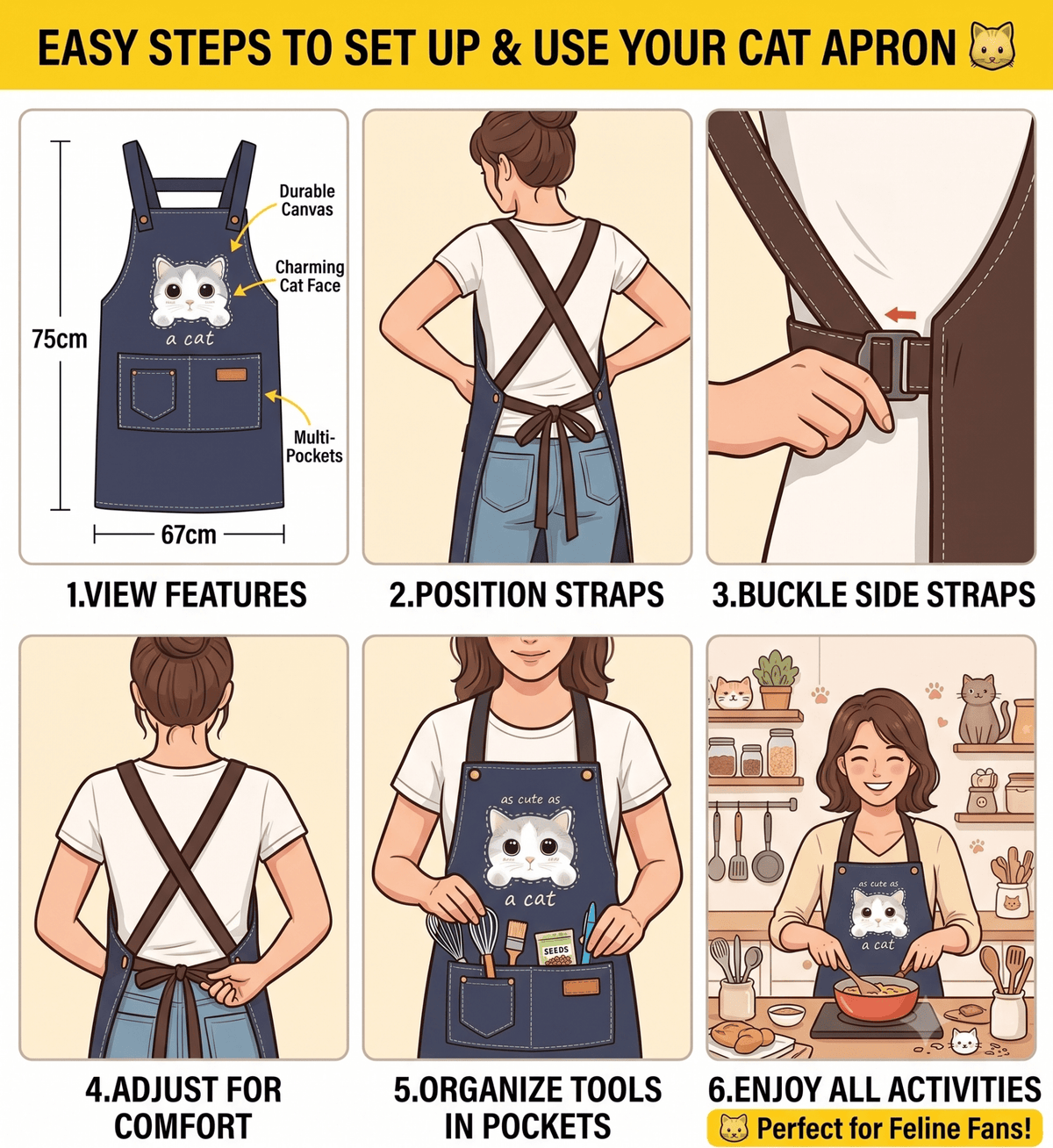 Cute Cat Apron – Durable Canvas Kitchen Apron with 3 Pockets