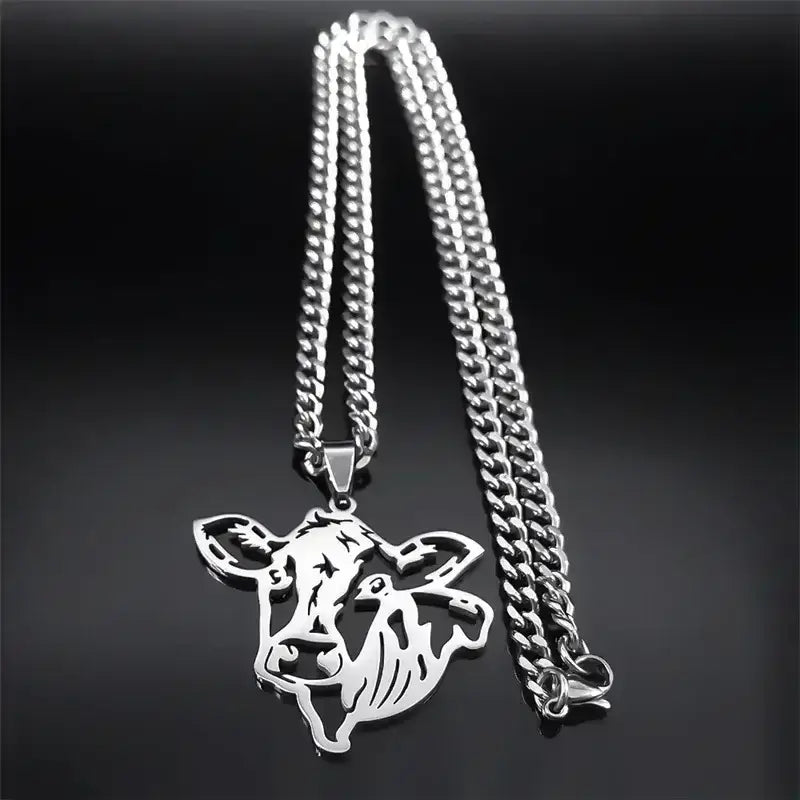 Cute Cow Head Stainless Steel Silver Necklace Chain for Women or Men