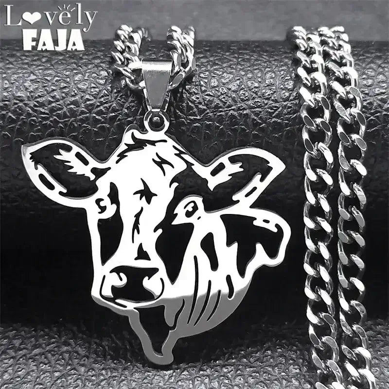 Cute Cow Head Stainless Steel Silver Necklace Chain for Women or Men